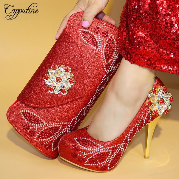 

capputine italian style red color shoes and bags set new summer rhinestones pumps shoes and bags set for party tx-862, Black