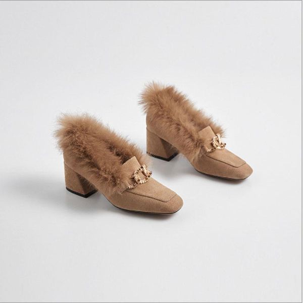 

women's fur shoes 2021 autumn and winter new female fashion black square head mao mao shoes wear single
