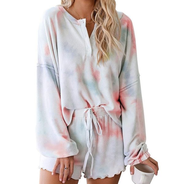 

2021 new womens tie dye printed loose short pajamas long sleeve and shorts pyjama set lounge wear nightwear sleepwear pgyc, Black;red