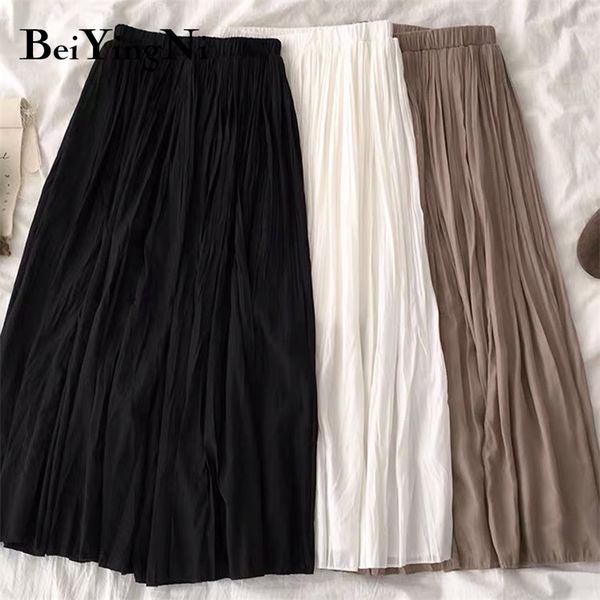 

beiyingni summer women's casual solid color vintage skirt pleated korean all-match white black skirts woman faldas mujer 210315