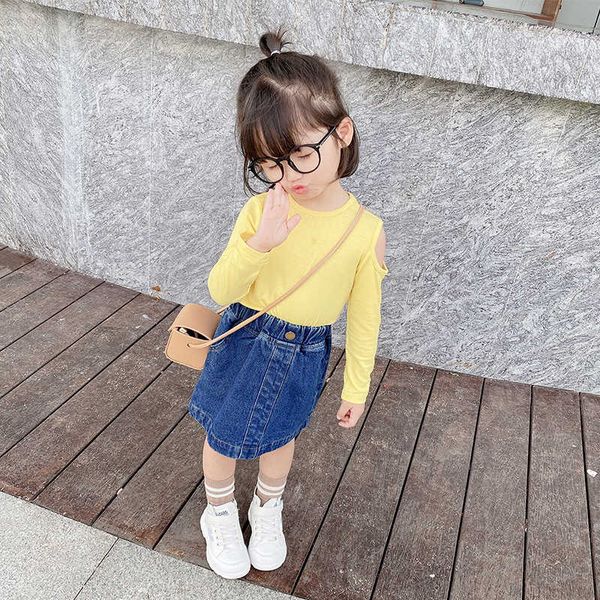 

new spring dress, orange wear shoulder 2021 mask, t girls' primer, long sleeved t-shirt, children's korean coa, Black;white