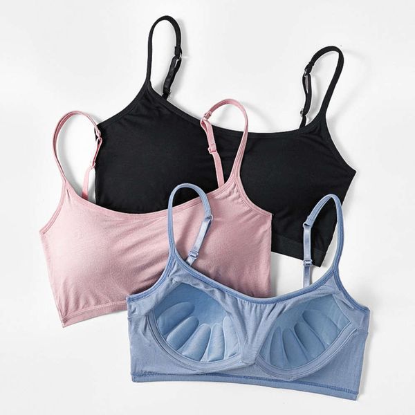 

new style anti light beautiful back no steel ring underwear girl student suspender vest integrated bra pad, Black;pink