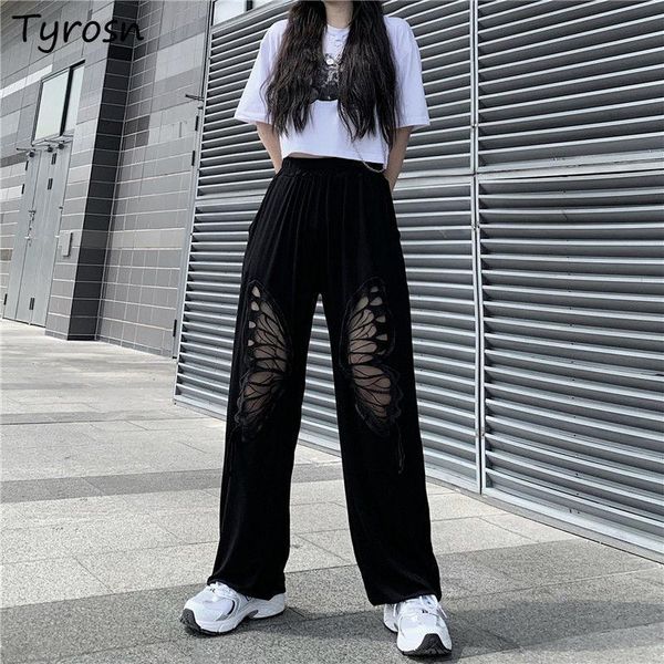

women's pants & capris casual women black design hollow out hole-butterfly streetwear dark academia elastic waist oversize straight pan, Black;white