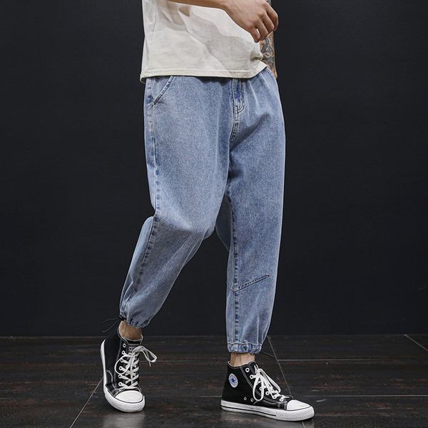 

oversized jeans mens loose slimming harem plus-sized plus-sized ankle-tied cropped wide-legged pants summer, Blue