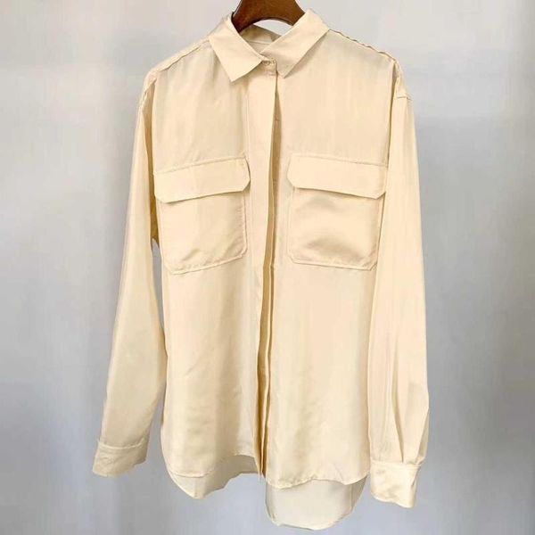 

100% silk women's blouse lady doubel pockets long sleeve shirt female single-breasted office business blouses and, White