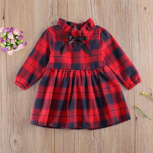 

girl's dresses baby autumn clothing, plaid stand-collar long-sleeves high-waist dress with back zipper for little girls 6 months to 5 y, Red;yellow