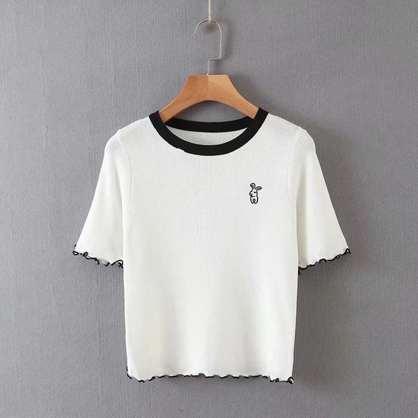 

women's t-shirt 2021 spring-summer casual knitted four color short women embroidery sleeve knit shirt female solid tee, White