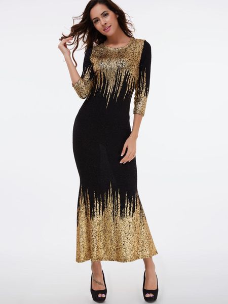 

party dresses scoop neck gold stamping sequins maxi dress black 3/4 sleeves long mermaid elegant vestido prom, White;black