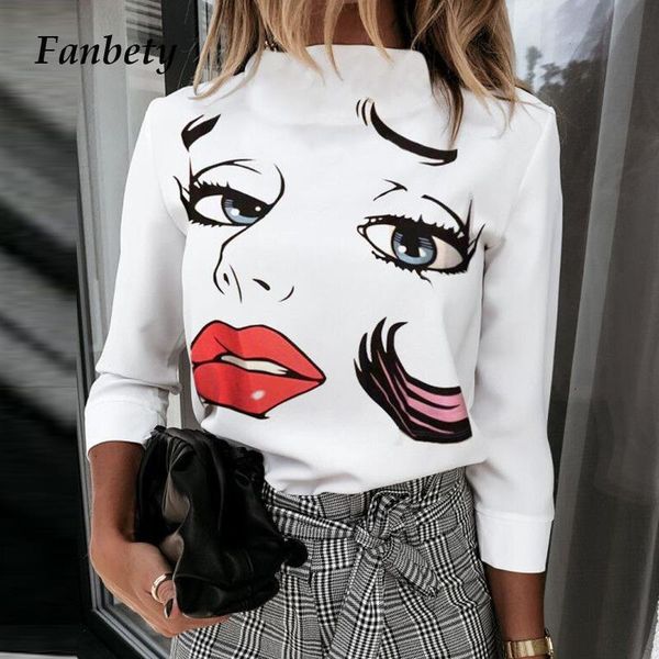 

women's blouses & shirts women autumn stand neck blouse elegant lady beauty face print pullovers 2021 female casual long sleeve blusas, White