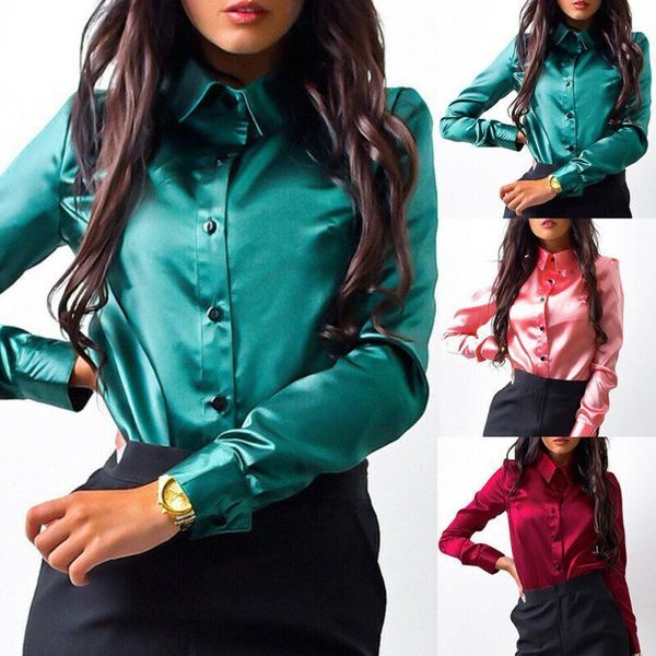 

women elegant satin shirt long sleeve turn down button office blouse stand collar ol shirt drop shipping, White