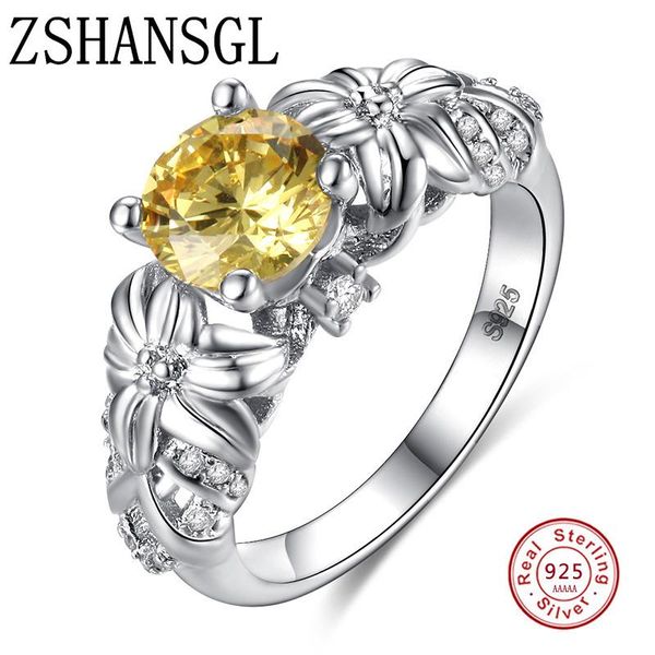 

wedding rings luxury female flowers finger 925 silver for women crystal vintage fashion jewelry wholesale drop, Slivery;golden