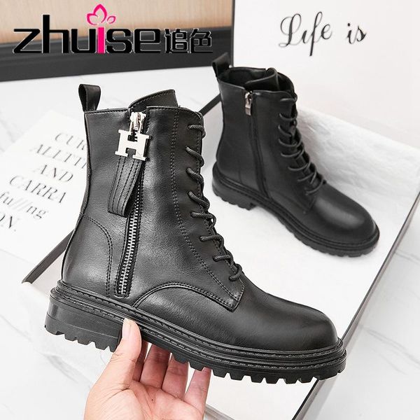 

boots 2021 autumn and winter leather riding women's thick-soled black short round head side zipper british style velvet