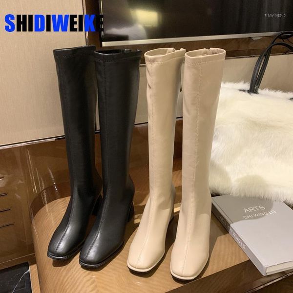 

boots 2021 ins fashion women 7cm black block high heels long winter warm knee soft leather thigh shoes1