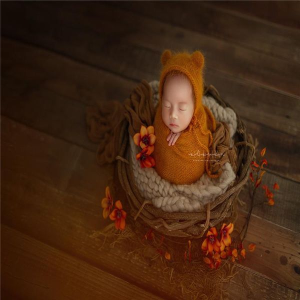 

caps & hats born pography props mink velvet hat wool knitted small ear cap infant baby picture shoot pos accessories, Yellow