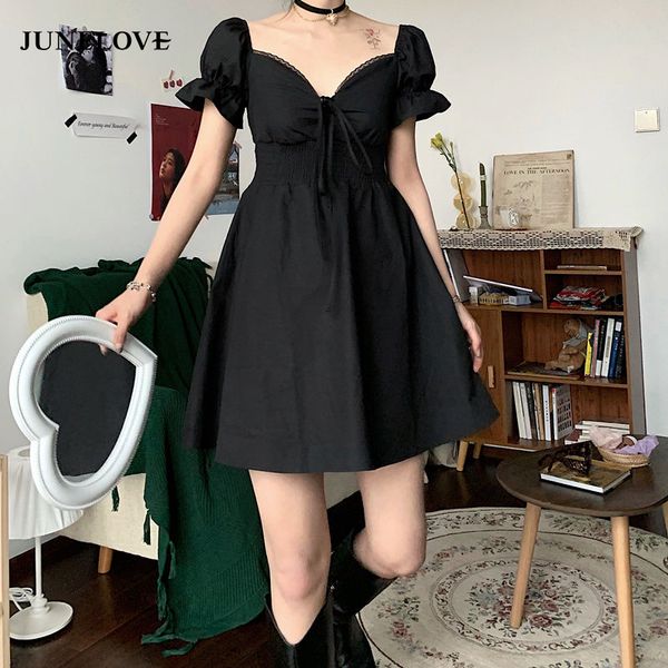 

black mini dress women lace-up vintage a line elegant oversize dresses square streetwear casual korean vestidos, Black;gray