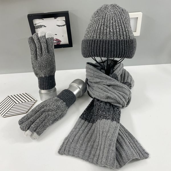 

hat winter wool plush warm knitted scarf gloves men's and women's three piece suit, Blue;gray