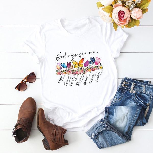 

women's t-shirt summer women t shirt plus size cotton cute flowers butterfly letter print short sleeve oversized tshirts casual graphic, White