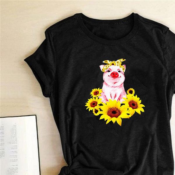 

funny pig sunflower print women t shirt casual short sleeve femme t shirts women clothes harajuku graphic tee mujer camisetas, White