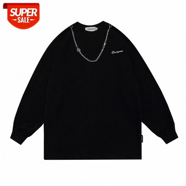 

street country tide hip-hop belt metal chain long-sleeved round neck sweater men's all-match basic clothes #sx2y, Black