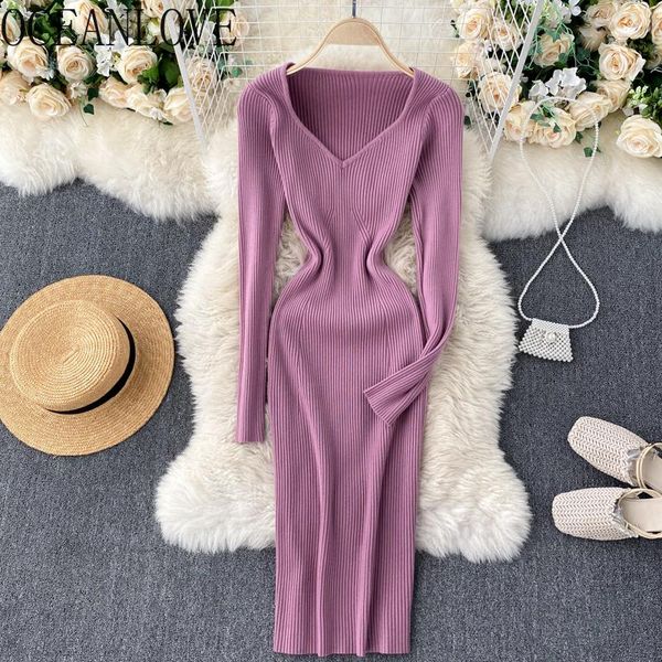 

casual dresses oceanlove v neck bodycon for women knitted stretch solid vintage 2021 ins fashion femme robes vestidos 19402, Black;gray