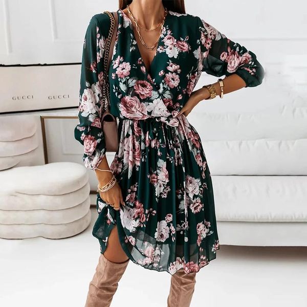 

casual dresses chiffon long sleeve floral print dress women 2021 autumn deep v neck green pleated office for robe femme, Black;gray