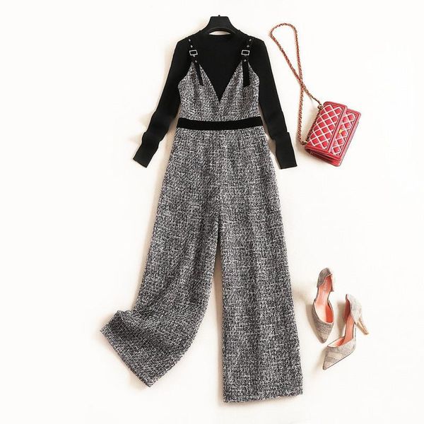 

elegant lady woolen pants 2piece set women 2021 new designers pullover black knit and long pants suit set office twinset, White
