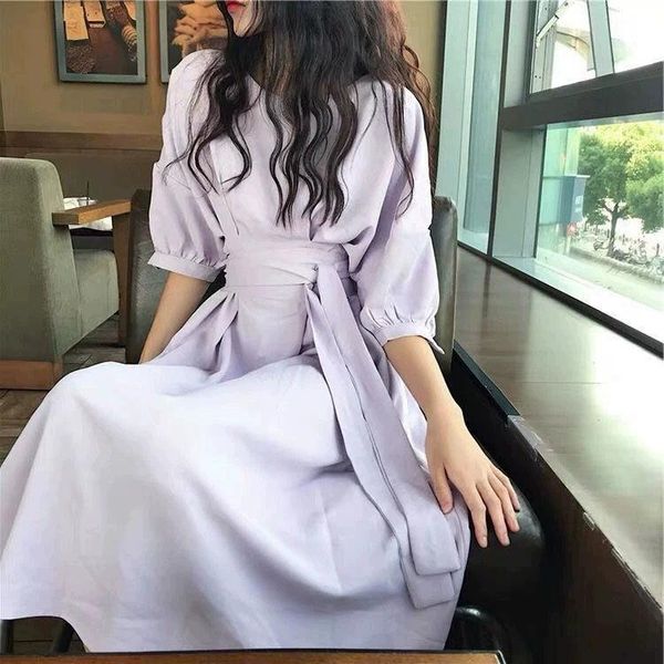 

casual dresses elegant women's dress french retro chiffon bubble middle sleeve bandage waist party 2021 fashion, Black;gray