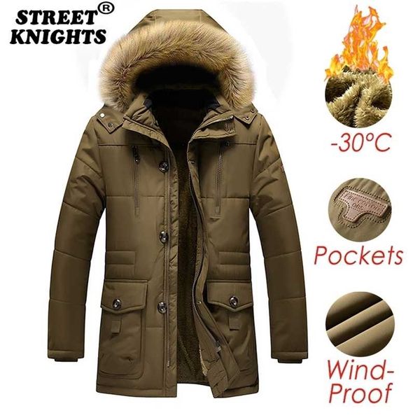 

men winter jacket parkas coat fur collar fashion thicken cotton warm wool liner jackets casual large size 7xl 211027, Black