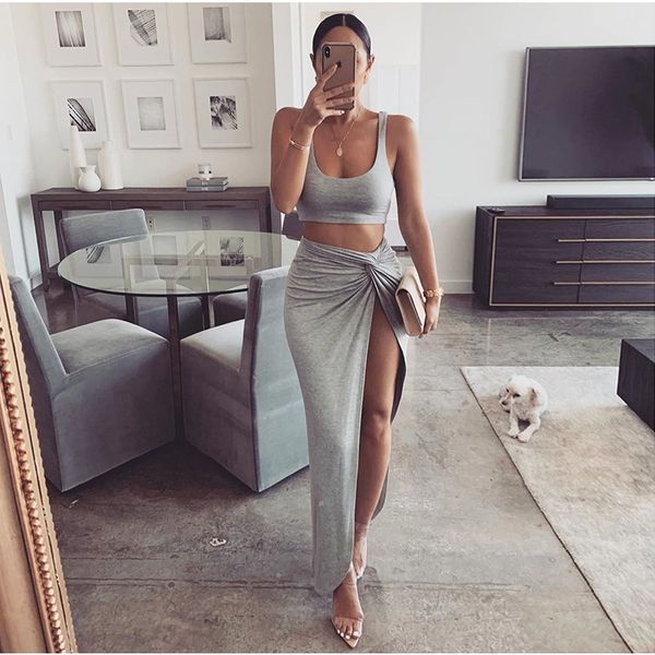 

cross-border european and american strap tube mid-length solid color high slit two-piece womens suit autumn female dress new htyg, White
