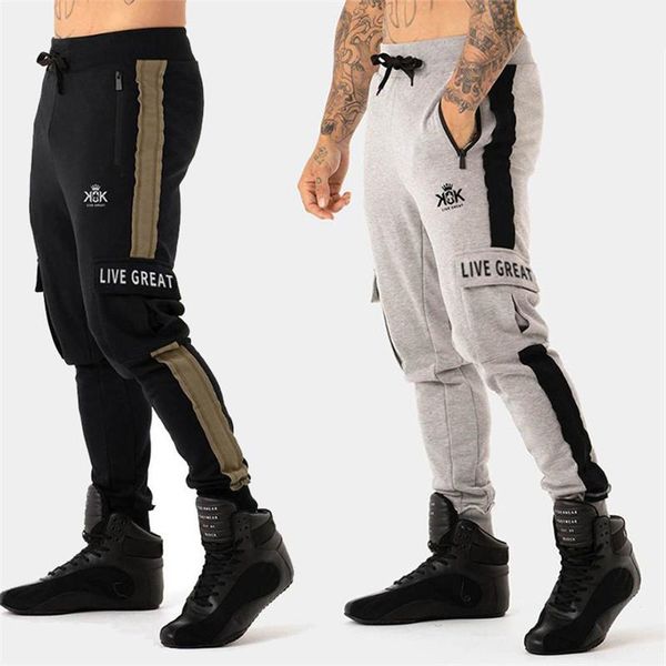 

men's pants gym run outdoor streetwear sports trousers men fashion joggers sweatpants side pocket casual printing pants male, Black