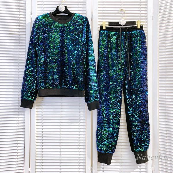 

women's two piece pants sets for women 2021 autumn and winter glitter sequins crew neck pullover sweatshirt casual elastic suit, White