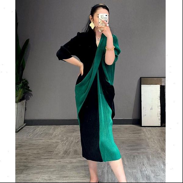 

2021 casual a line v neck mid calf three quarter sleeve patchwork elegant cross stitching slimming pleated dress 2a221, Black;gray