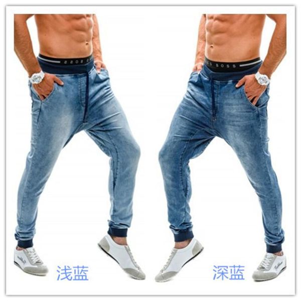 

men's jeans elastic high waist threaded loose jogging pants casual pencil, Blue