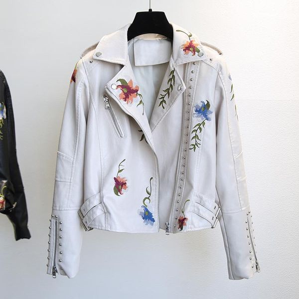 

women's leather & faux spring autumn floral print embroidery jacket women high street motorcycle black punk outerwear biker