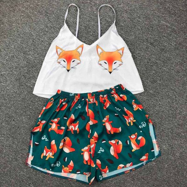 19style Cartoon Print Schöne Nachtwäsche Hause Anzug Sommer V-ausschnitt Sexy Pyjamas Frauen Spaghetti Strap Lose Pijama Satin Femme Katze SY030102