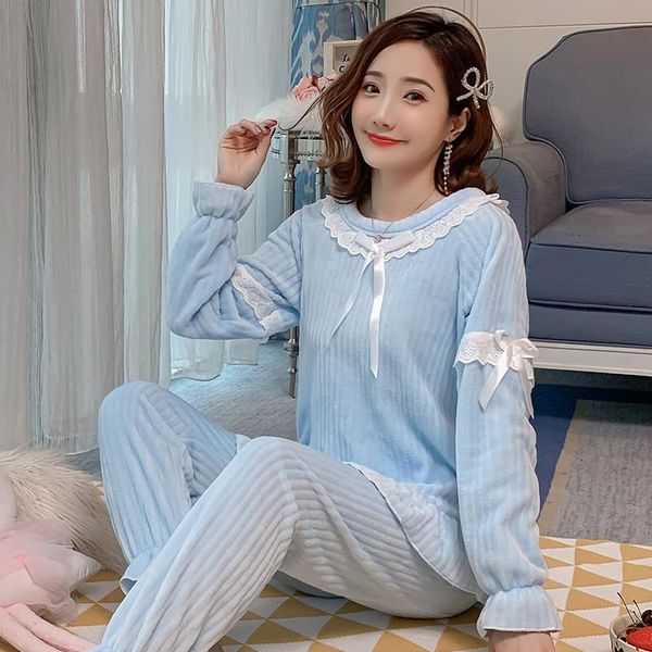 

women pajama 2 pieces winter women thicken warm soft pajamas female flannel pajamas set long sleeve sleepwear for home suit, Black;red
