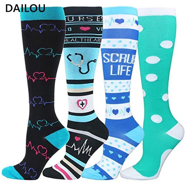 

4 pairs/lot women men compression socks set printed outdoor marathon cycling running quick-drying and breathable nylon socks, Black