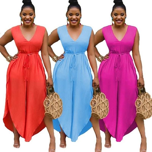 

s-3xl jumpsuit women wholesale sleeveless lace up waisted wide leg v neck fashion plus size romper summer drop 211106, Black