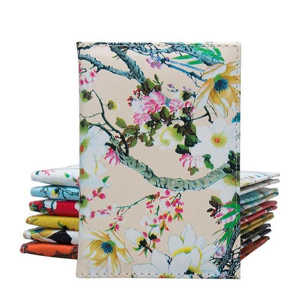 

card holders women's beautiful color printed flowers passport covers pu leather wallet with id holder for ladies, Brown;gray