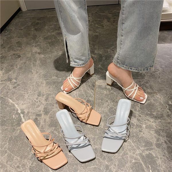 

monmoira narrow band vintage square toe women sandals solid med heel slipper sandals elegant ladies shoes designer shoes women, Black