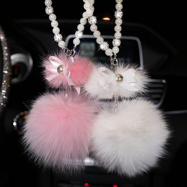 

cute pearl ball car hanging ornaments soft bow-knot car rear view mirror accessories for women girls beautiful fashion gifts