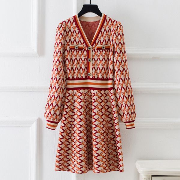 

2021 autumn winter vintage mini party christmas women new v neck long sleeve geometric pattern knit sweater robe femme 4ic8, Black;gray