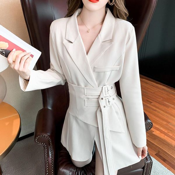 

casual dresses [ewq]s korea chic autumn simple trendy women lapel tie wide temperament fashion loose long-sleeved suit dress 2021 16e1928, Black;gray