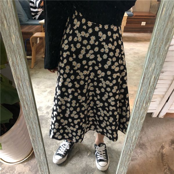 

vintage floral print ruffle pleated long skirts summer women korean skirt streetwear drawstring elastic waist midi skirt s- 210305, Black