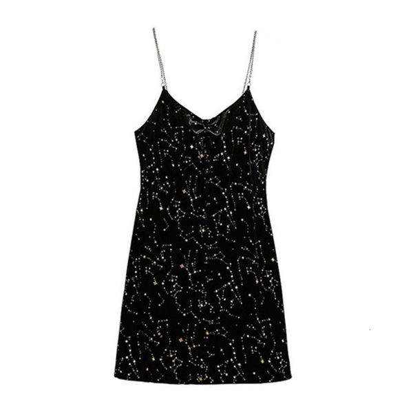 

lism 2021 summer v-neck thin slingsand fat raise 150kg big sequins star print dress black background size 5d27, Black;gray