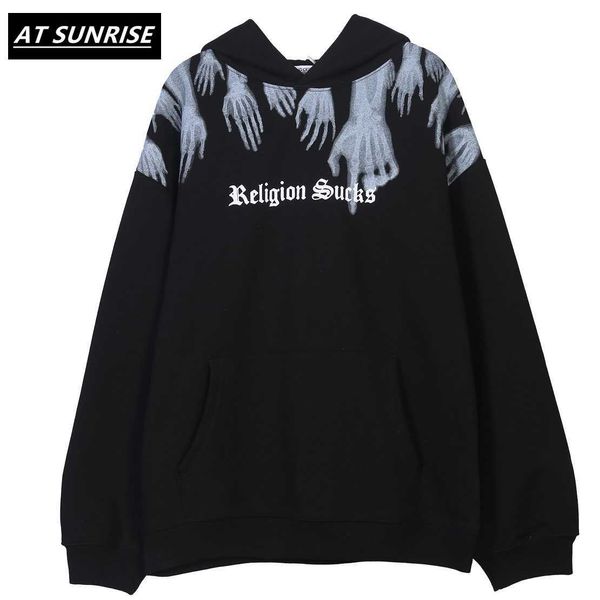 Hands Religion Sucks Print Fleece Kapuzenpullover Hoodies Hipster Hoodie Punk Rock Pullover Tops Lässiger schwarzer Hoodie 210715