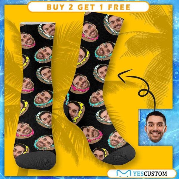 

men's socks m yescustom face printed donut black sublimated crew novelty with design po print for dog pup lovers polyester