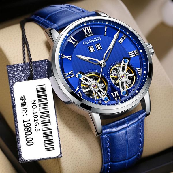 

wristwatches guanqin brand double tourbillon men mechanical watch grand automatic date multifunction genuine leather male dress clock, Slivery;brown