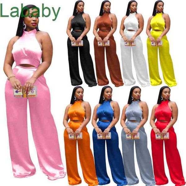 

women tracksuits two pieces set deisgner outfits summer solid imitate silk high neck vest wide leggings loose suits plus size 9 colours, Gray