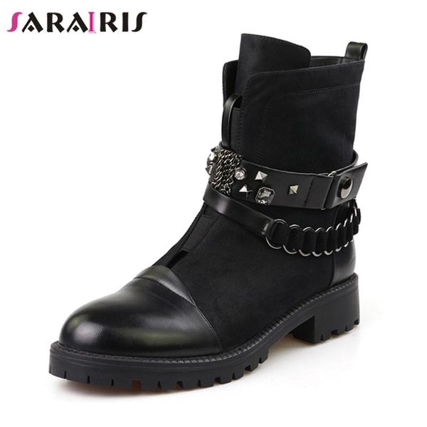 

boots sarairis solid metal decoration rivet chain wide med heels zip shoes woman casual fashion winter ankle big size 35-42, Black
